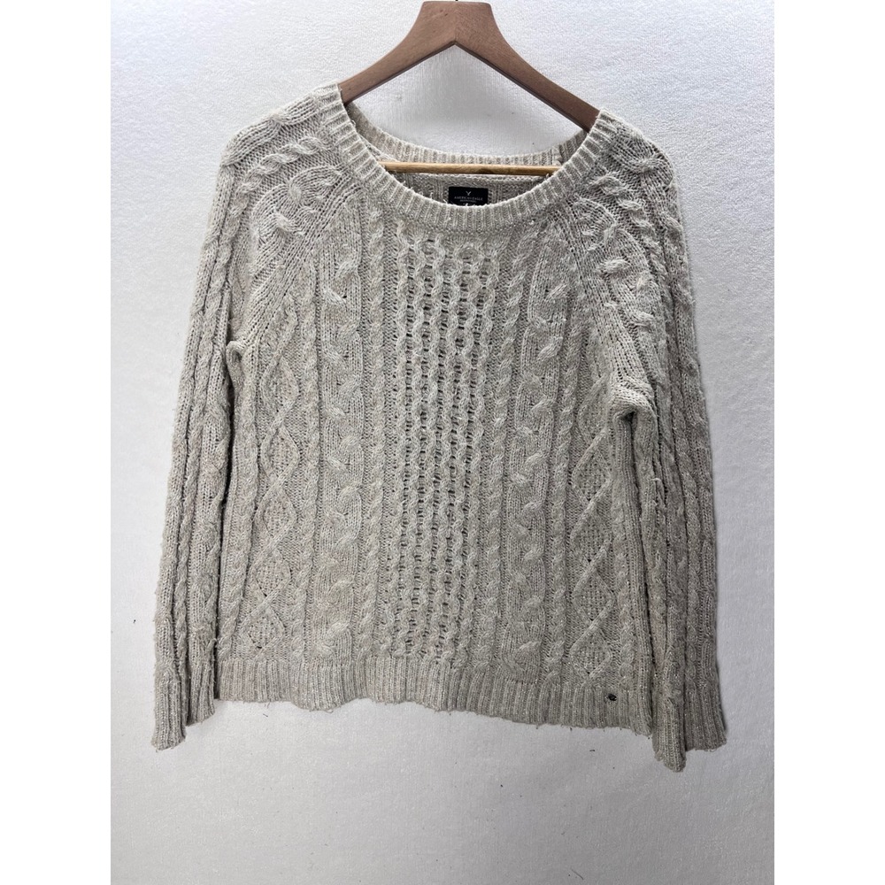 American‎ Eagle Cable Knit Sweater Womens Large Beige Metallic Pullover 3280